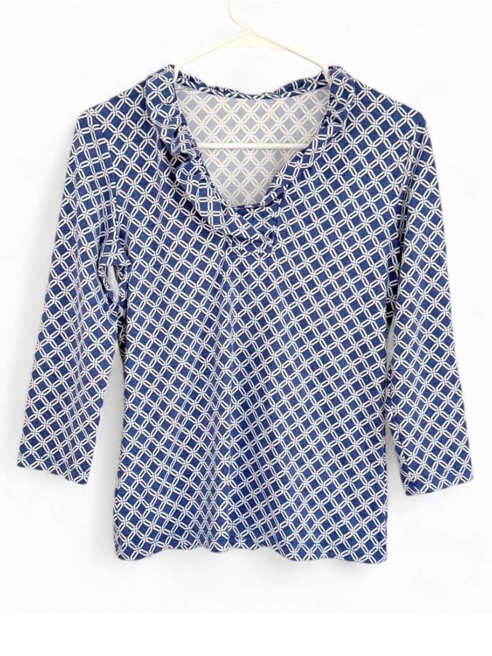 J. McLaughlin Durham Ruffle Top Catalina Cloth 3/4 Sleeve S Geometric Blue White